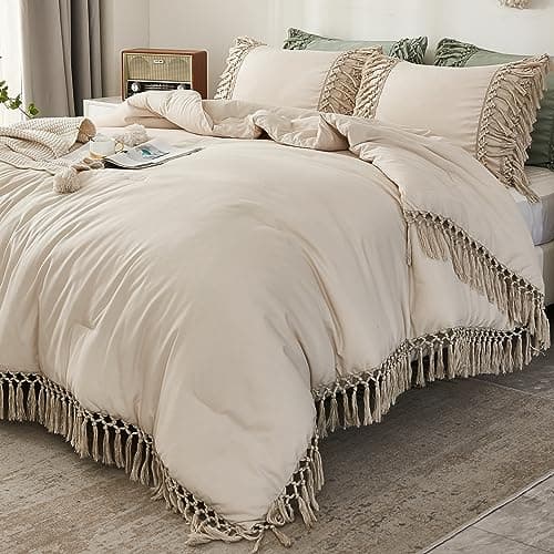 Andency Comforter Queen Size Set Beige, 3 Pieces Tassel Boho Lightweight Winter Bedding Comforters & Sets, All Season Bed Set (90x90In Comforter & 2 Pillowcases)