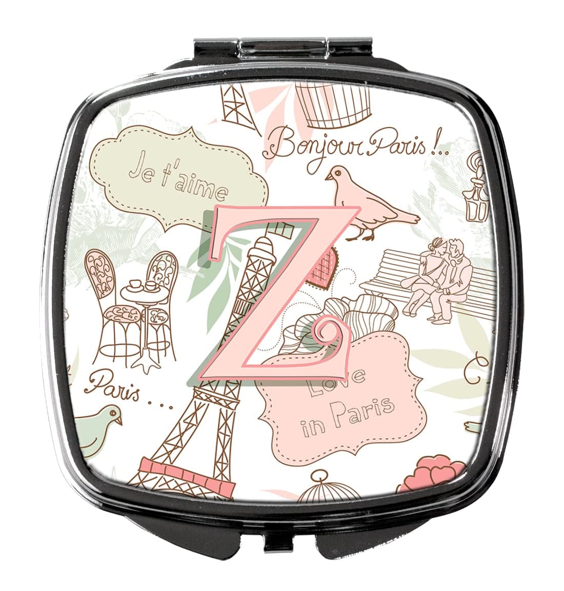 Caroline's Treasures CJ2002-ZSCM Letter Z Love in Paris Pink Compact Mirror Decorative Travel Makeup Mirror for Women Girls Gifts Pocket Makeup Mirror Folding Handheld