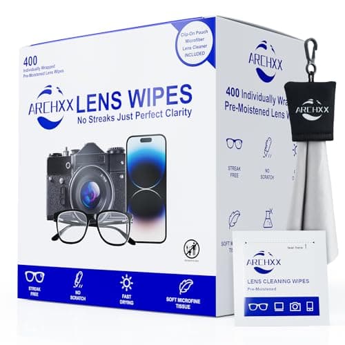 ARCHXX 400 Count Lens Wipes for Eyeglasses 1 ClipOn Pouch Microfiber Lens Cleaner Individually Wrapped PreMoistened Eye Glasses Cleaner Wipes for Glasses Sunglasses Camera Lenses StreakFree