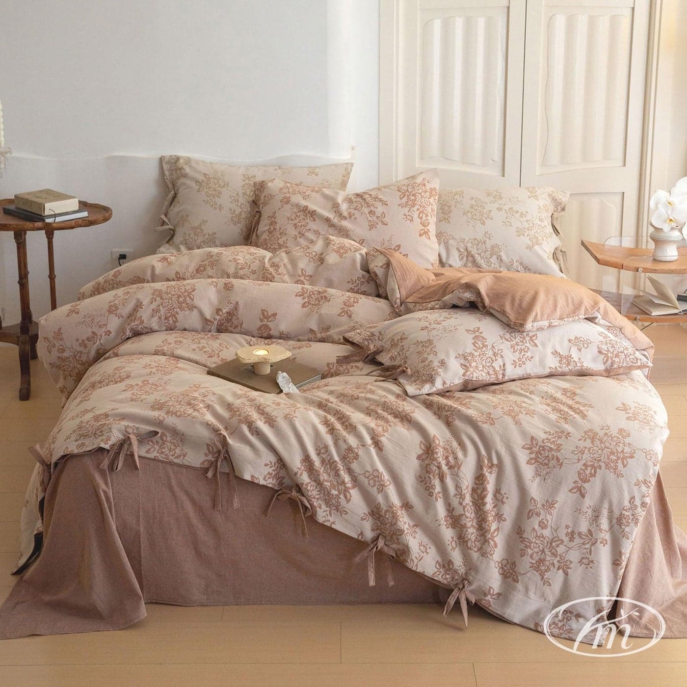 VM VOUGEMARKET Chic Floral Duvet Cover QueenYarnDyed Cotton Jacquard Textured Duvet Cover with Bowknot Retro Monet Style Bedding Set90x90Pumpkin