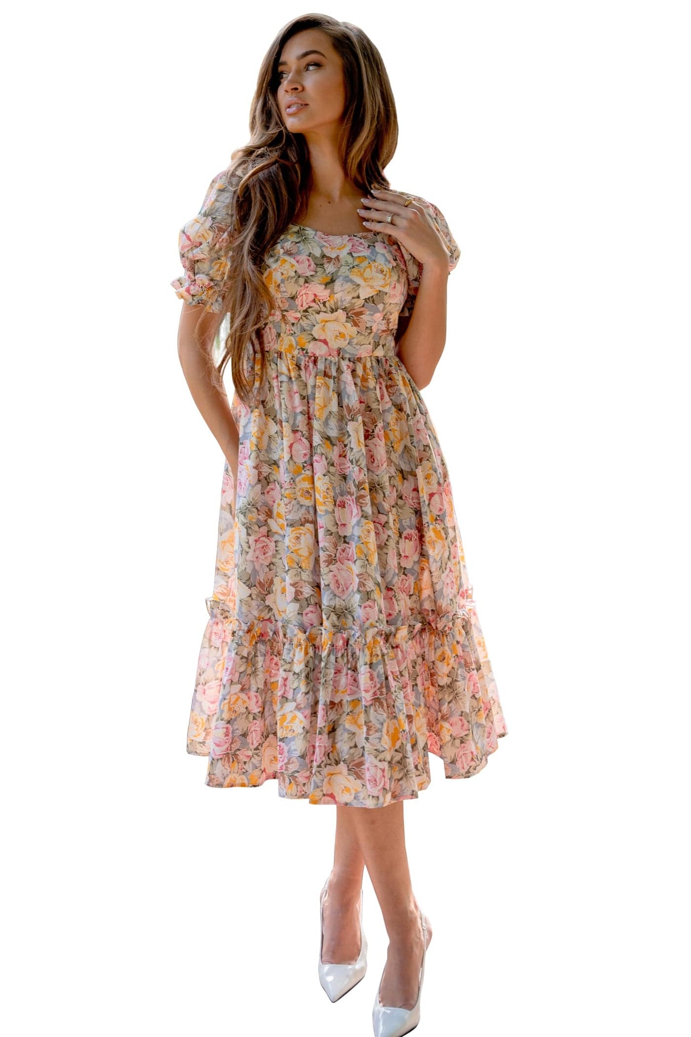 Shasmi Women’s Ivory Floral Midi Dress – Petals Cottage Rose Puff Sleeve Georgette Dress | Elegant Sweetheart Neckline Ruffle Hem Tea-Length Summer Dresses (Dress 268 Ivory-L)