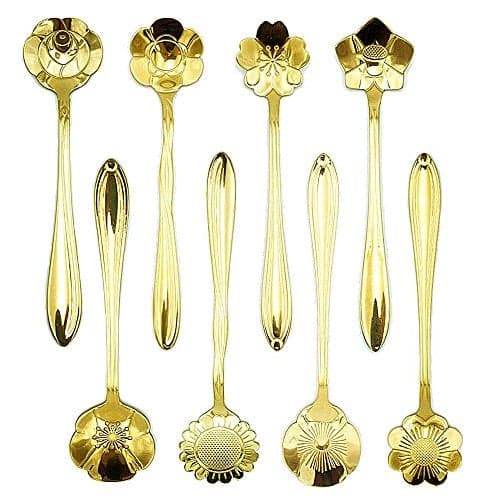 ERCRYSTO Stainless Steel Tableware Creative Flower Coffee Spoon, Stirring Spoon, Sugar Spoon, Mixing Spoon, Tea Spoon, Ice Cream Spoon, 8 Different Patterns in 1 Set, Color Golden