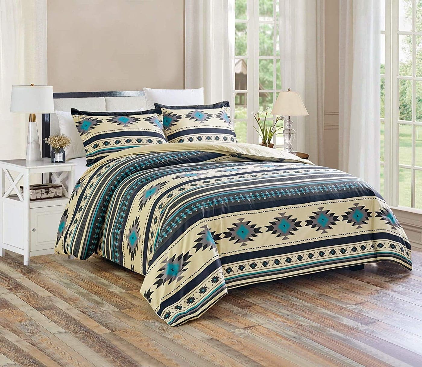 Chezmoi Collection 3Piece Southwestern Geometric Tribal Multicolor Teal Beige Black Gray Comforter Set Queen Size