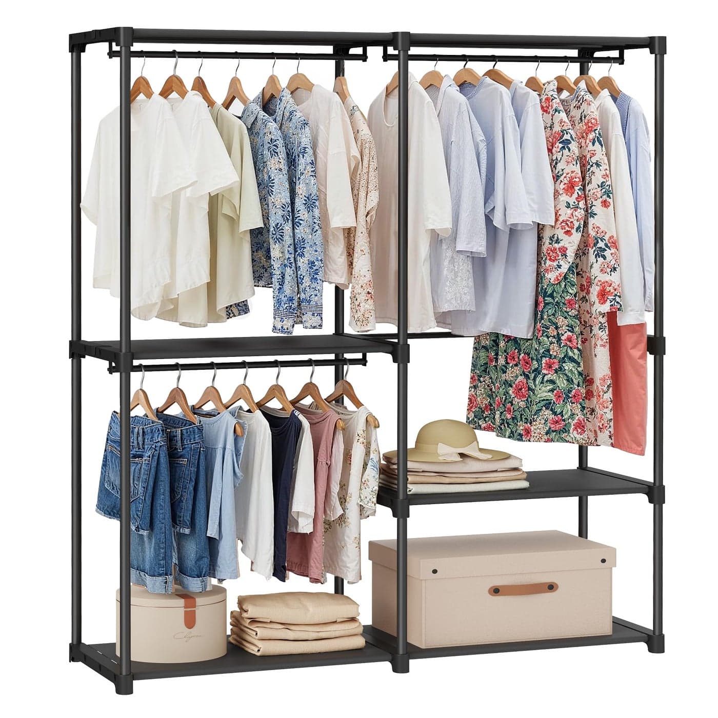 SONGMICS Portable Closet Freestanding Closet Organizer Clothes Rack with Shelves Hanging Rods Storage Organizer for Cloakroom Bedroom 543 x 169 x 717 Inches Black URYG025B02