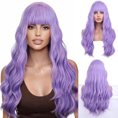 BERON 26 Inches Purple Wig Long Curly Lavender Purple Wig with Bangs for Women Daily Party Hairnet Include