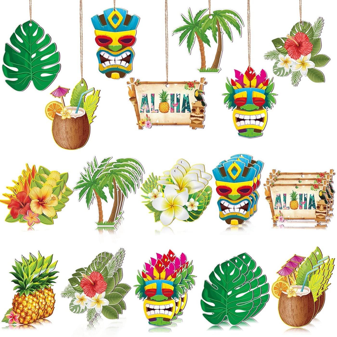 Spiareal 30 Pcs Summer Tropical Luau Hawaiian Themed Party Wood Hanging Ornaments Tiki Masks Pineapples Flower Palm Trees Turtle Leaves Ornament for Beach Christmas DecorClassic Style