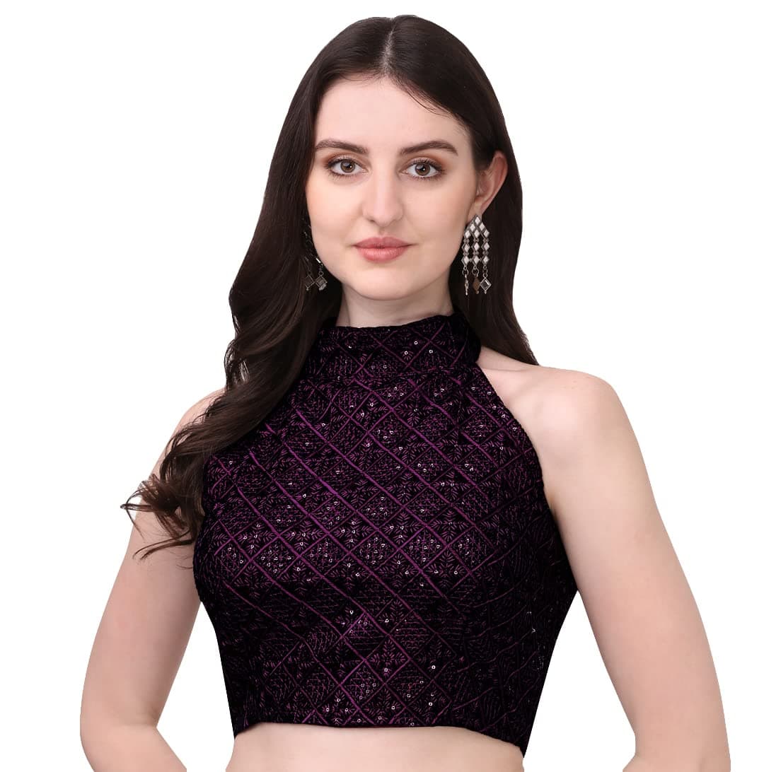 Pujia Mills Women's Halter Neck Chickenkari Sequins Work Readymade Saree Blouse (Wine, 42)