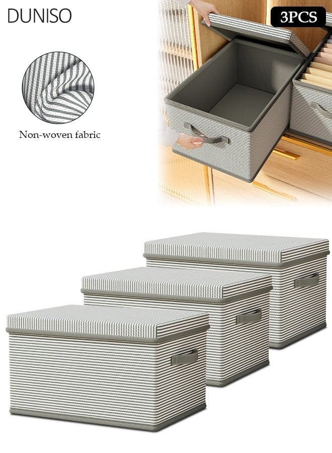 3 PCS Covered Multifunctional Storage Box, Foldable Storage Box with Grey Double Handles,45*35*24cm large size Striped Foldable Non Woven Fabric, Home Cubic Basket Wardrobe Organizing Box for Home Bedroom Closet Office Nursery