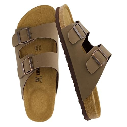 CUSHIONAIRE Lane Cork Footbed Mens Sandals, Adjustable Buckle Comfort Slides for Men, Genuine Leather Insole Summer Sandals Men Footwear, BROWN 8