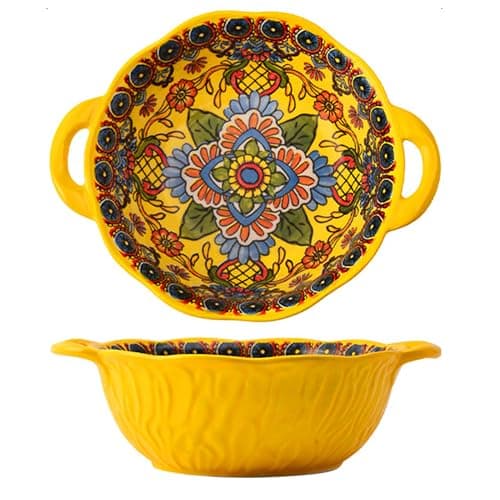 2 Pack Boho Ceramic Serving Bowls with Handles, 40 Oz Porcelain Salad Bowls, Large Serving Dishes for Entertaining, Mixing Bowls for Soup, Stew, Pasta, Cereal, Colorful Embossed Cute Bowls Set HH