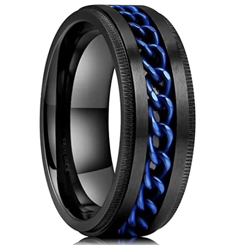 King Will Stainless Steel Men's Ring-8mm Black Fidget Spinner Ring with Blue Chain, 316L Stainless Steel Ring for Men Women with Stress Free, Cool Wedding Band Comfort Fit Size 11.5