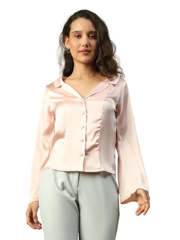oxolloxo Women Solid Pink Open Collar Long Sleeve Button Down Satin Shirt