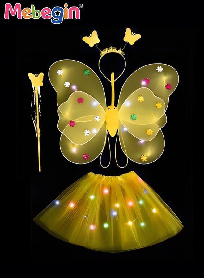 4 PCS LED Glowing Butterfly Wings Back Decoration with 1 Headband 1 Skirt 1 Fairy Stick for Little Girl, Light Up Luminous Costume for Party Photo Prop Party Favor Yellow