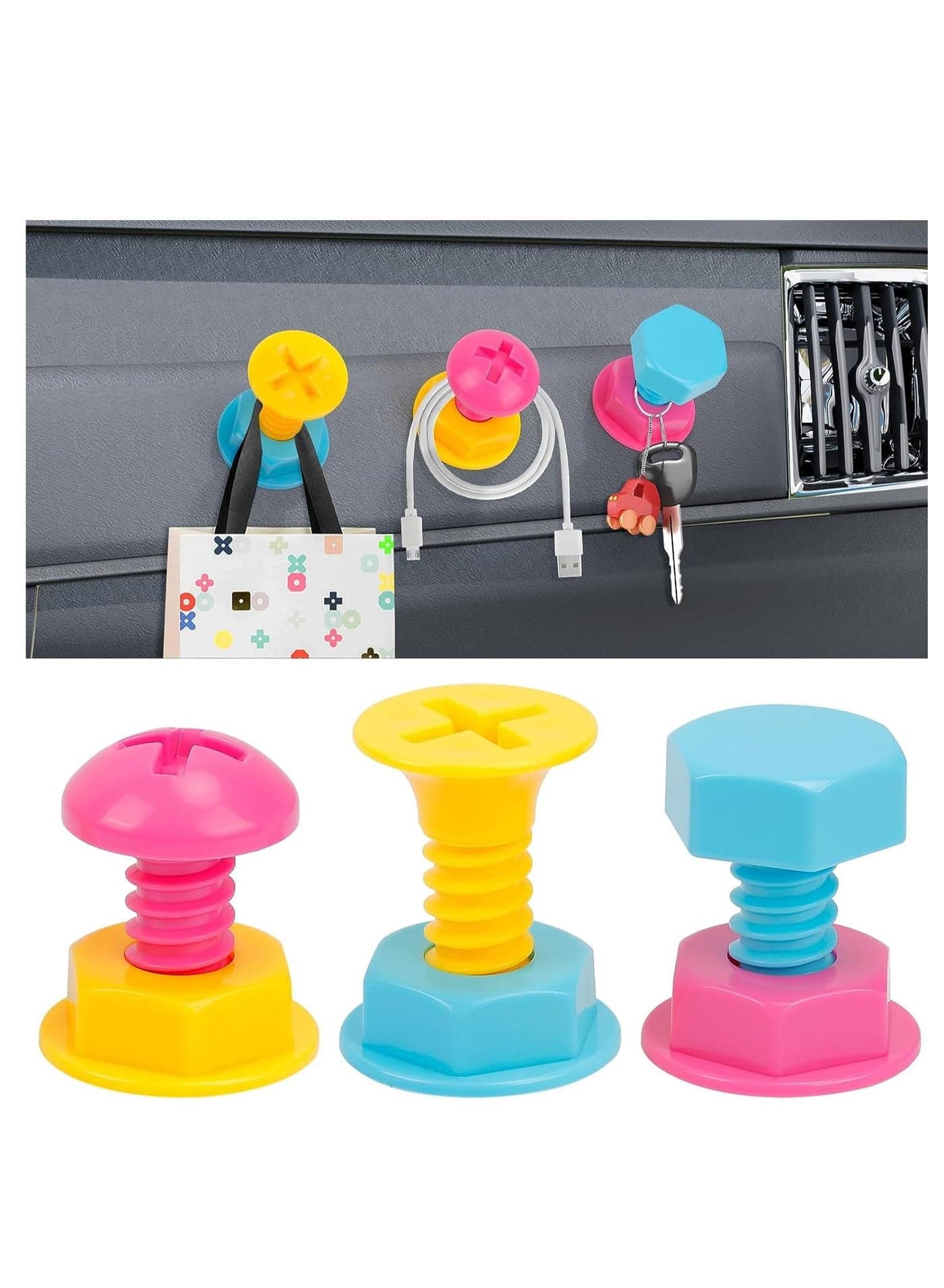 Self Adhesive Hanging Hooks, Creative Color Screw Hooks, Viscose Punch-Free Hooks, Car Dashboard Hooks, Key Holder, Hooks, Multifunctional Organizers Tools for Hanging Keys Coat Hat Clothes 3PCS