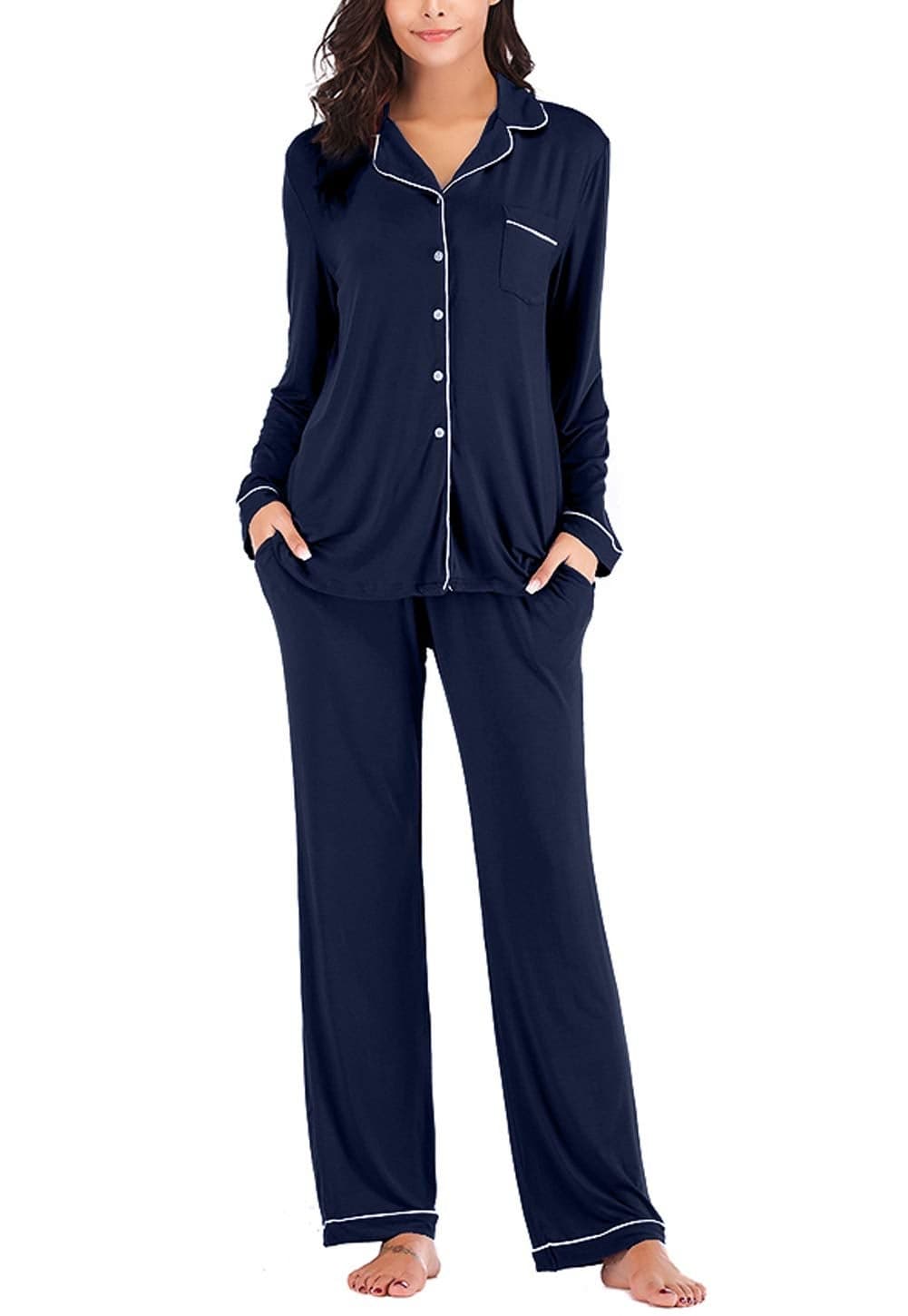 Ladies Petite Pajamas Sets Long Sleeve Button Down Sets Navy Blue XL