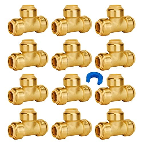 SUNGATOR 12-Pack Tee Plumbing Pipe Connector, 3/4-Inch Push Fit PEX Tee, No Lead Brass T Fittings with Disconnect Clip, Push-to-Connect, Copper, CPVC