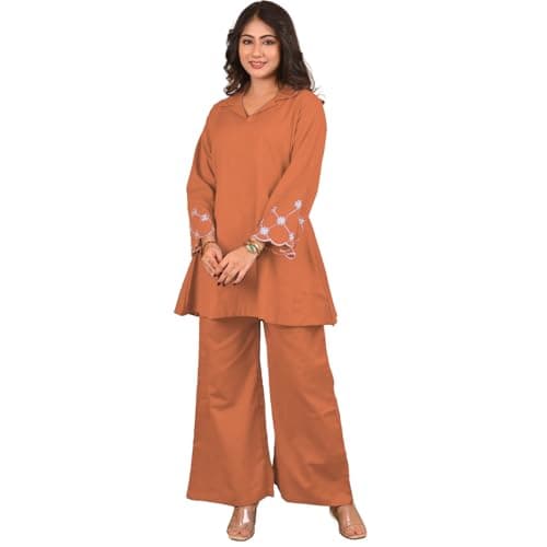 SHIENZY Women Rayon Embrioded Co Ord Set | Stylish V Neck Co-Ord Set for Women | Straight Kurta & Plazzo | Short Kurti and Pant Latest | Party & Ethnic Wear(1666_ORG_XL) Orange
