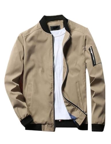 Lavnis Men's Flight Bomber Jacket Lightweight Softshell Coat Sportwear Zipper Windbreaker Khaki S