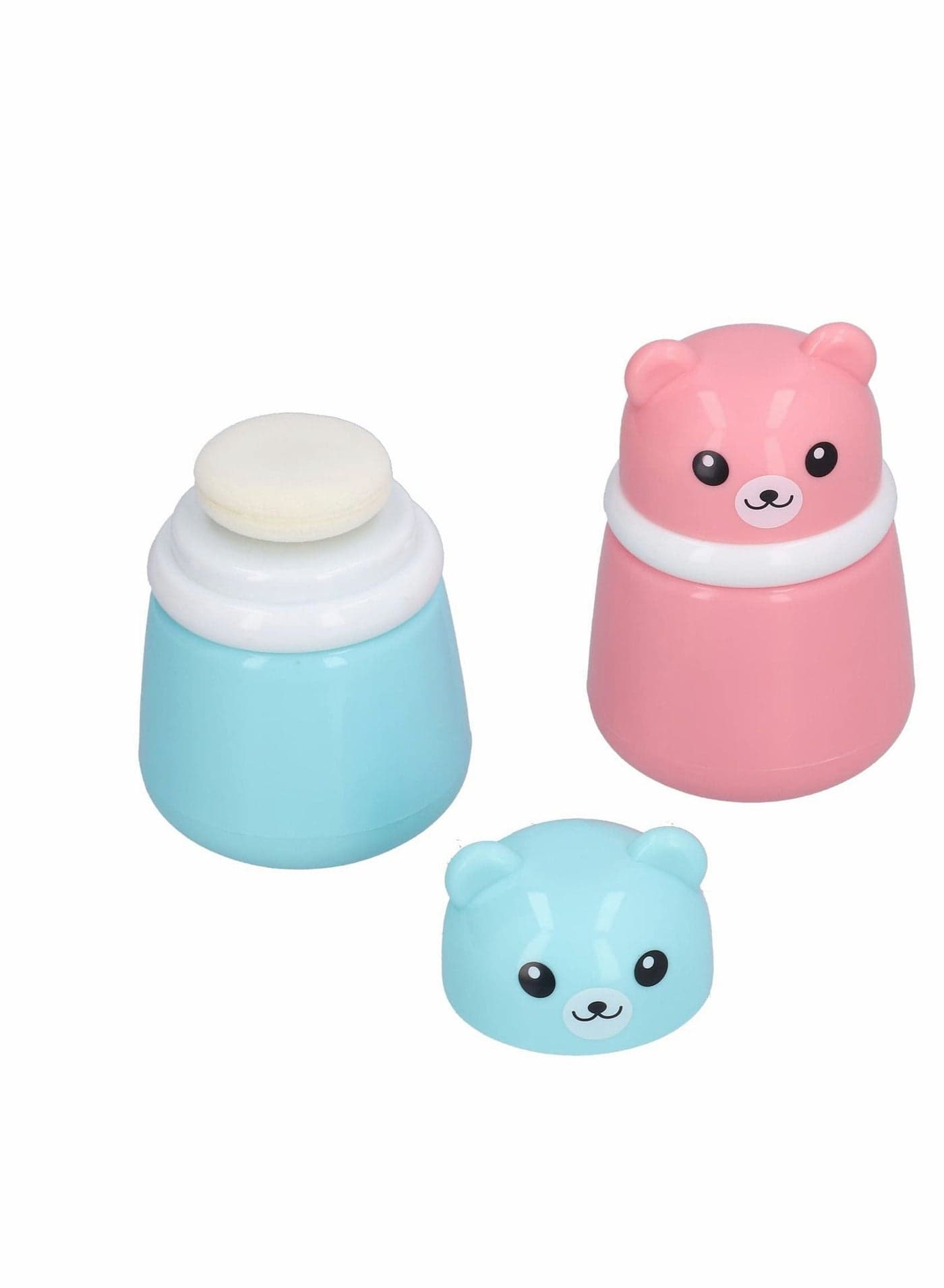 Cartoon Bear Powder Puff Box, 2 Pcs Convenient No Irritation Durable Fine Portable Case for Home Travel (Blue + Pink)
