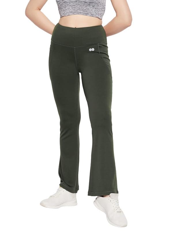 Clovia Women's Comfort Fit High-Rise Flared Yoga Pants with Side Pockets (AB0119R17_Green_M)