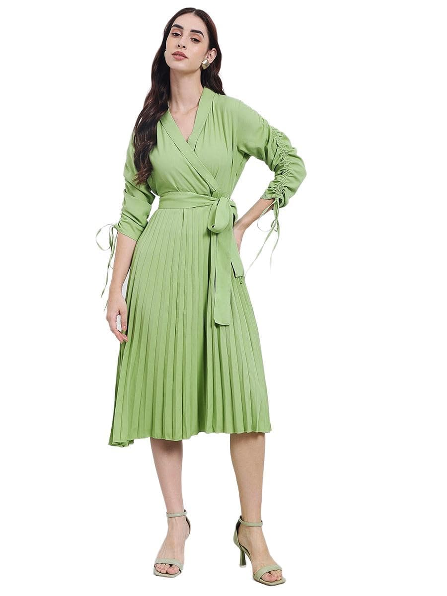 Styli Women Accordion Pleated Wrap Maxi Dress with Tie-Up Details | V-Neck | Long Sleeves | Flared Hem | Elegant, Casual Wear & Special Occasion Outfit | Green_S