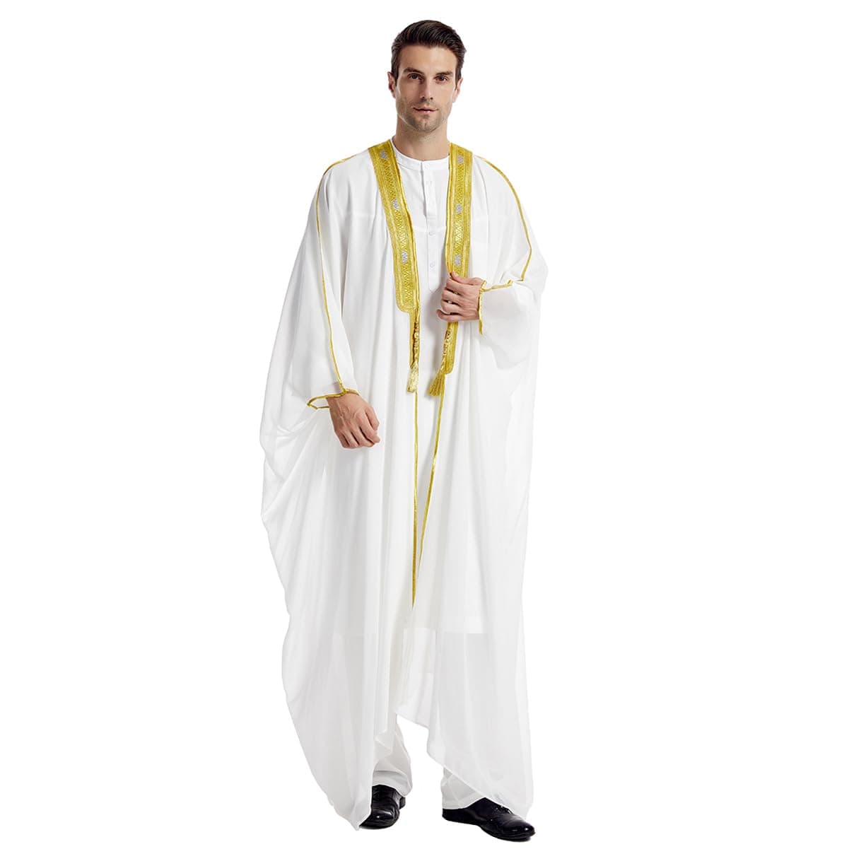 Muslim Thobe for Men Arabic Kaftan for Men Arabia Saudi Robe Ramadan Abaya Prayer Dress Long Sleeve Open Front Embroidered Cardigan Caftan Dubai Chiffon Thobe Kimono Islamic Middle East Robes White XL