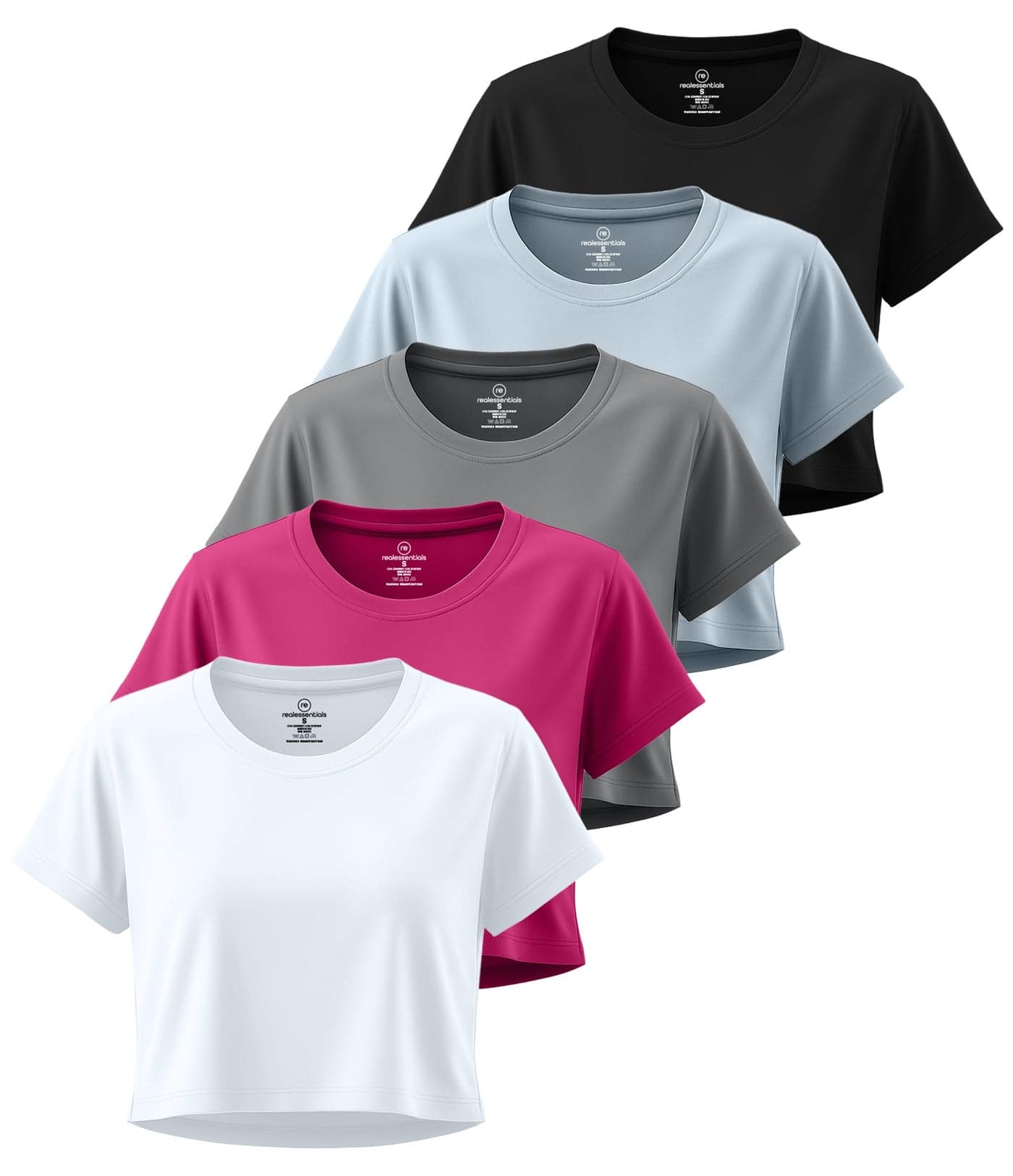 Real Essentials 5 Pack: Women's Dry Fit Crop Top - Short Sleeve Crew Neck Stretch Athletic Tee (Available in Plus Size) - Set 2, L