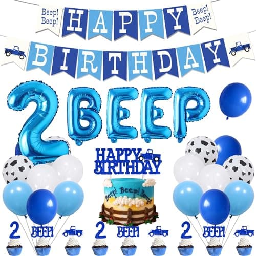 55Pcs Little Blue Truck 2nd Birthday Party Decoration Beep Beep Happy Birthday Banner Blue Truck Cake Topper Beep Two Cupcake Toppers Latex Balloons for Boys Girls Two Birthday Party Decor Supplies