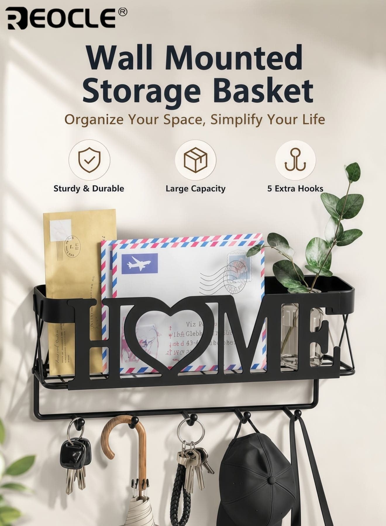 Wall Mounted Key Holder with 5 Key Hooks and Mail Organizer Design Key Rack with Mesh Basket and Solid Construction for Entryway Home Organization