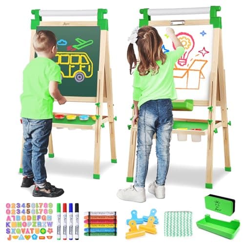 JOYOOSS Easel for Kids Adjustable Wooden Art Easel with Paper RollMagnetic Double Sided Dry Erase BoardOutdoor Easel for ToddlersGreen
