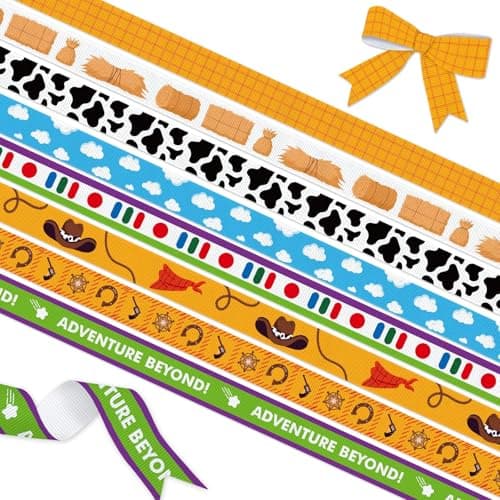YKW Cowboy Space Adventure Grosgrain Ribbon 8 Pack 38 x 3 Yards Each Western Themed Ribbons with Cloud Star Cow Print Designs for Birthday Party Supplies Crafts Hair Bows