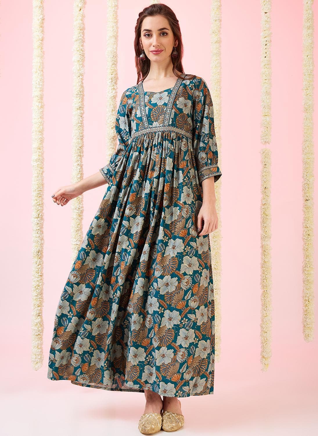 Globus Women's Teal Floral Gold Foil Print Gathered Maxi Ethnic Dress with Sweetheart Neck and Flared Style