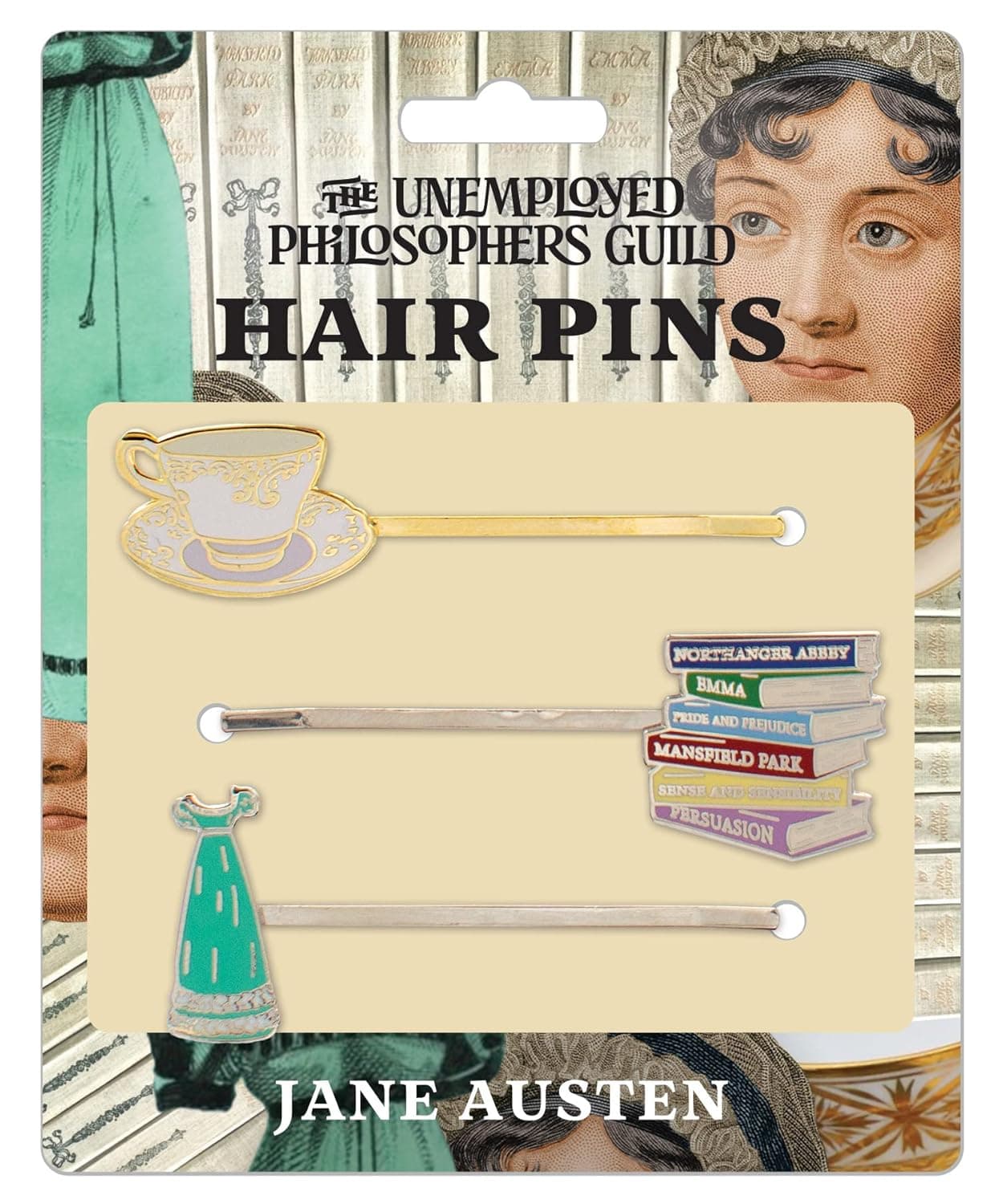 Jane Austen 3 Hair Pins Set Cup and Saucer Austen Novels and Evening Gown