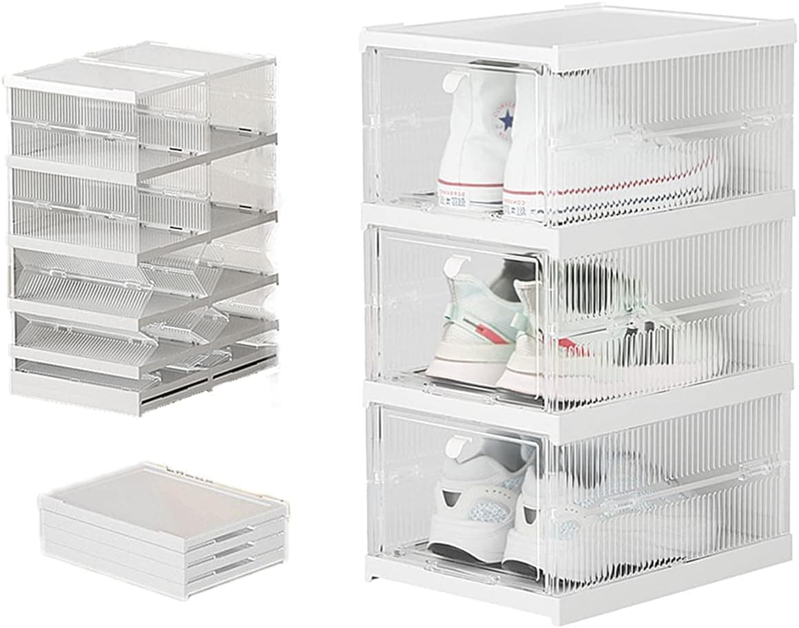 Jukkre InstallationFree Shoe Box Foldable Stackable Clear Shoe Storage Box Storage Bins Shoe Container Organizer 3Layer Shoe Box White