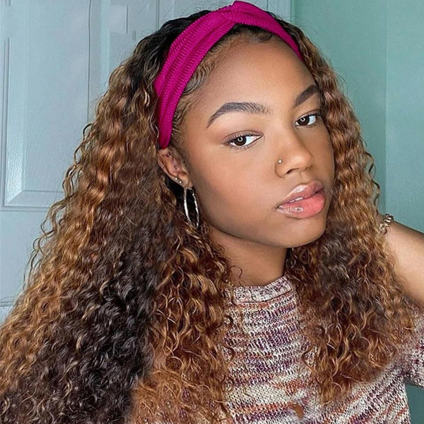 Aiterina Headband Wig deep wave human hair wigs for Black Women Brazilian Remy Hair Glueless Non Lace Front Wig Wear and Go Wigs Machine Made 150 Density 12 inch 427 Highlight