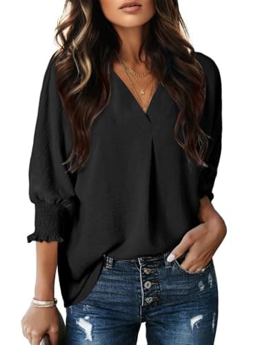 Dokotoo Women Blouses Fall Shirts for Women 2025 Fashion V Neck Business Casual Outfits 3/4 Length Sleeve Womens Tops Dressy Plus Size Spring Clothes Loose Fit Black Tops for Women Clothing XXL
