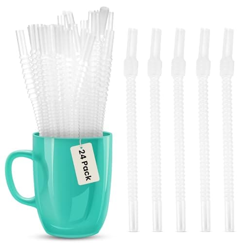 Iconikal Set of 24 Reusable 9-Inch Long Flexible Corrugated Plastic Straws, Clear, Bendy Drinking Cup Accessory