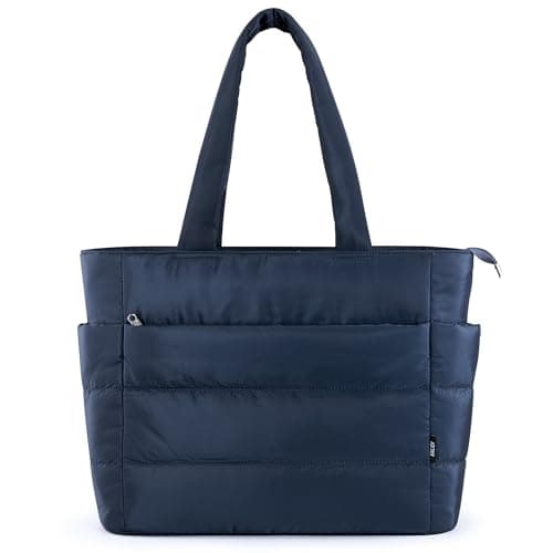 KALIDI Quilted Tote Bag, Carryall Puffer Shoulder Bag Padded Travel Large Anti Splash Zipper Casual Work Gym Women, Dark Blue