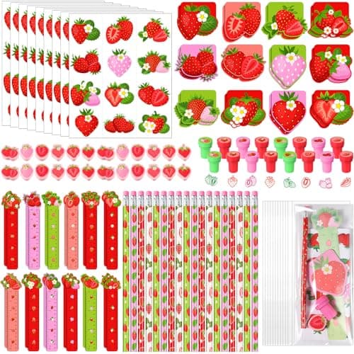 Cholemy 168 Pcs Strawberry Party Favors Supplies Stationery Set Notebook Sticker Stamper Eraser Ruler Pencil Bag for Strawberry Baby Shower Birthday Party Gift Classroom Prize