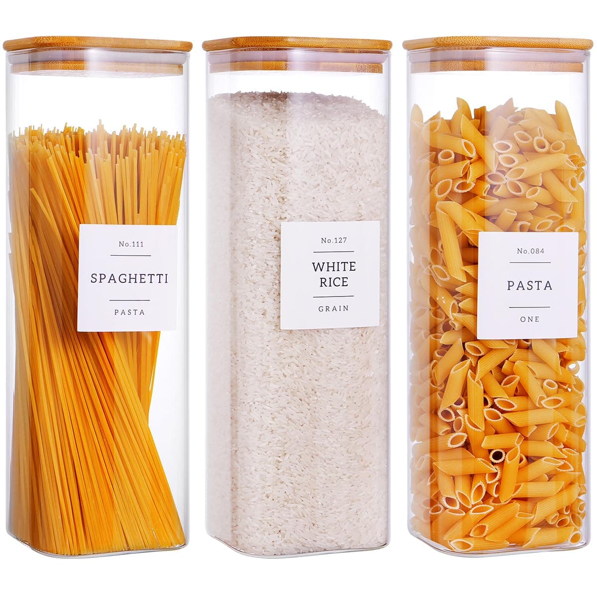 CZZGSM 3 Pack Square Glass Kitchen Storage Jars with Airtight Bamboo Lids and 132 Pantry Labels 80oz Glass Canisters with Wood Lids Glass Food Storage Containers for Spaghetti Pasta Fettuccine