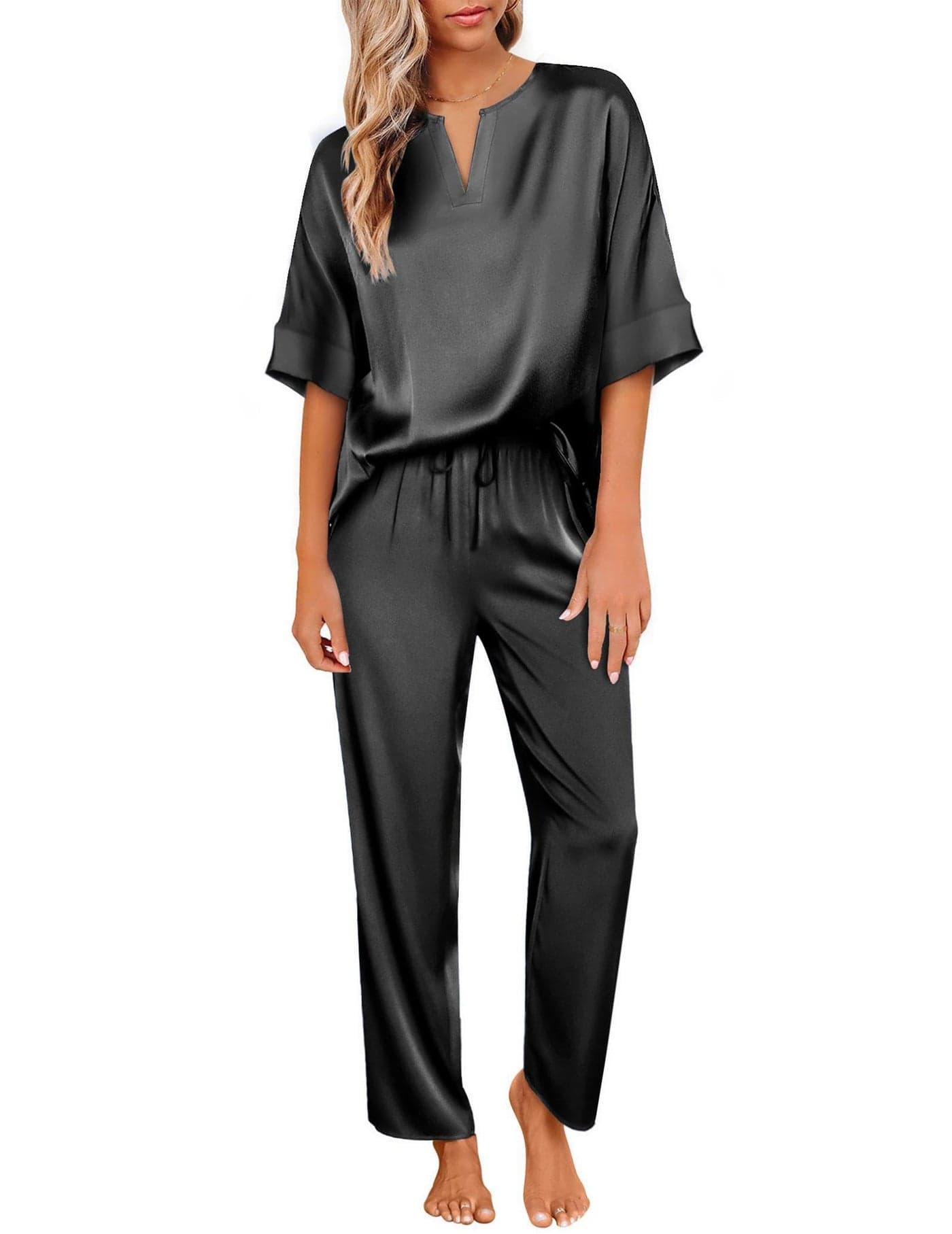 Ekouaer Satin Pajama Set Womens Silk Short Sleeve V Neck Shirt with Long Pant Soft Loungewear Pjs Set Black