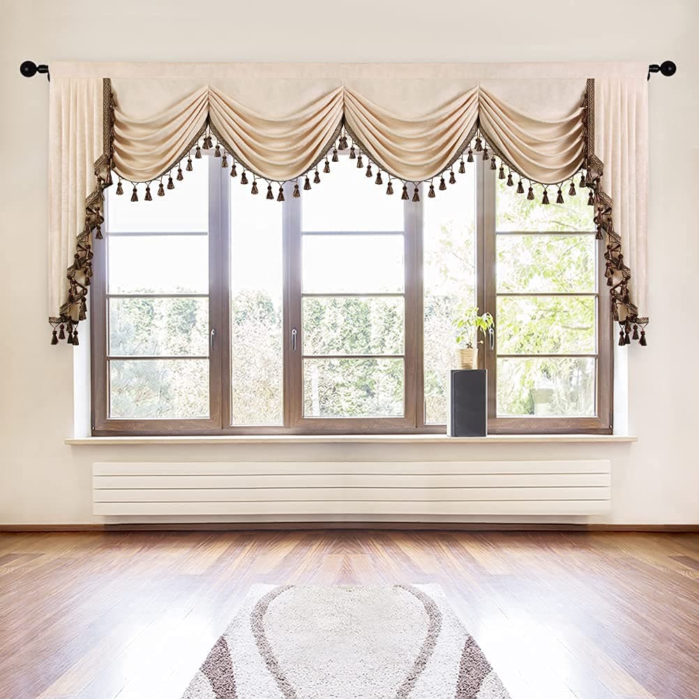 ELKCA Beige Chenille Window Curtains Valance for Living Room Luxury Waterfall Valance for Bedroom Rod Pocket W118 Inch 1 Panel