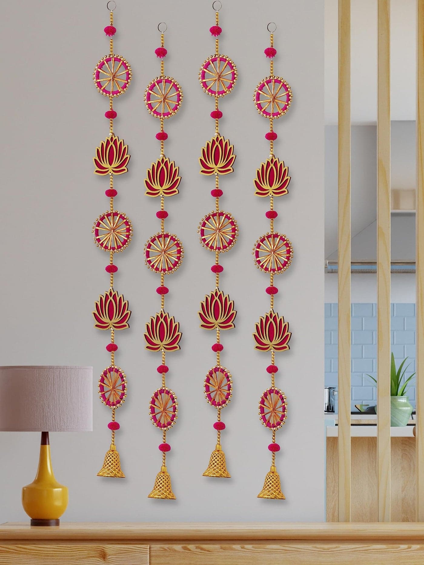 JH Gallery Wood Handmade Lotus Wall and Door Hanging - Home, Pooja, Diwali, Wedding and All Festival Décor - Decorative Pooja Room Temple Decoration (36 Inches Height - Pack of 4), Magenta