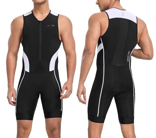 Santic Mens Triathlon Suit Sleeveless Skinsuit Padded QuickDry Swim Bike Run with PocketsBlackWhiteXL