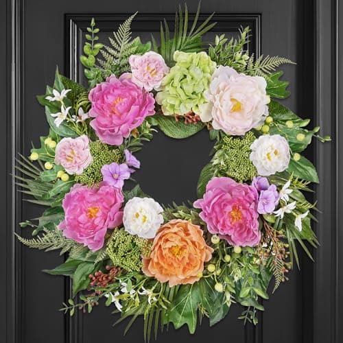 24 Inch Spring Wreaths for Front Door: Realistic Silk Peonies & Hydrangeas with Berry Greenery, Faux Flower Wreath for All Seasons, Indoor Outdoor Decor for Porch, Wall, Wedding, Farmhouse, Home