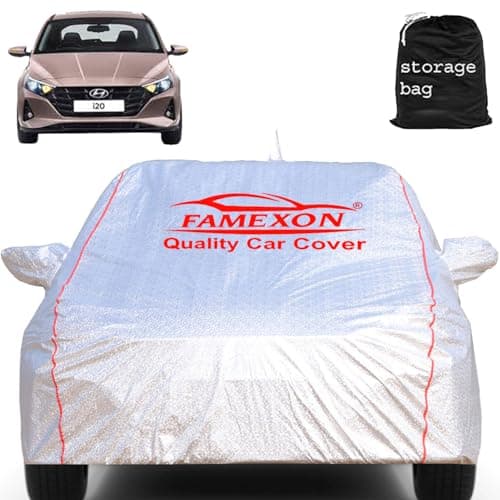 FAMEXON Waterproof Car Body Cover with Mirror Pocket Compatible for Hyundai I20 Triple Layer Inner Fabric & Pipein Design Protects from Animals, Heat, Rainfall (Metallic Silver)