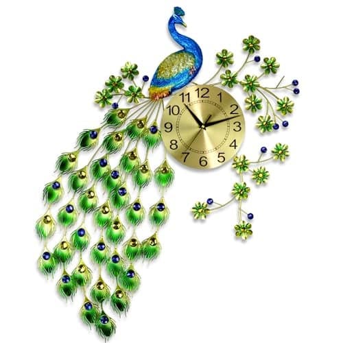 KRESHU 3D Metal Peacock Wall Hanging Clock Home Bedroom Decoration Silent Quartz Creative Elegant Luxurious Non Ticking Wall Clock Analog Dial Pad for Living Room (Shining Golden)