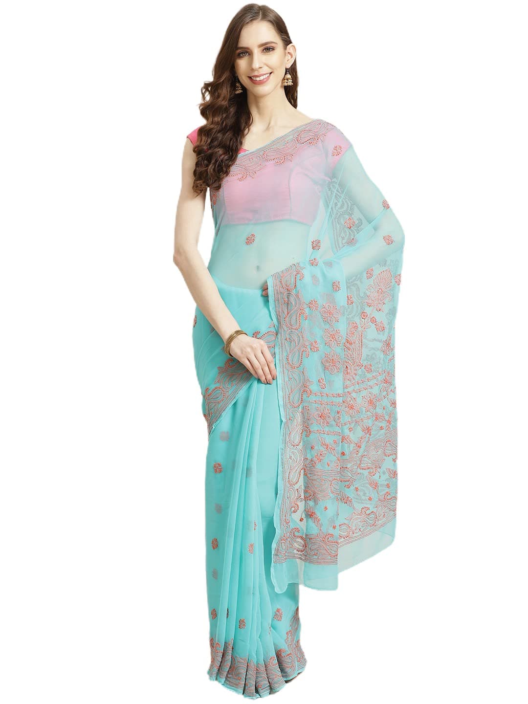 Ada Hand Embroidered Lucknowi Chikankari Georgette with Unstitched Blouse Piece for Women A311192 Sea Green