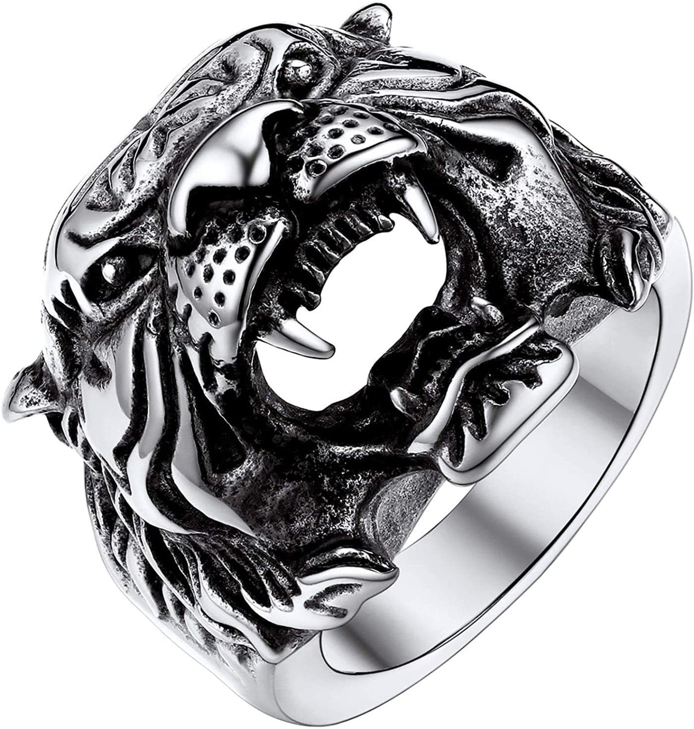 U7 Men Personalized Tiger Head Ring Vintage Enamel Black Stainless Steel Gothic Biker Rings, Statement Animal Rings for Party, Size 7