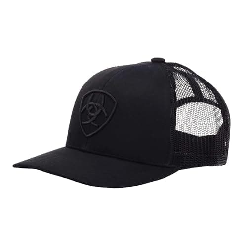 ARIAT Men's Monochrome Shield Logo Cap, Black with Mesh Back, Adjustable Snap-Back Closure